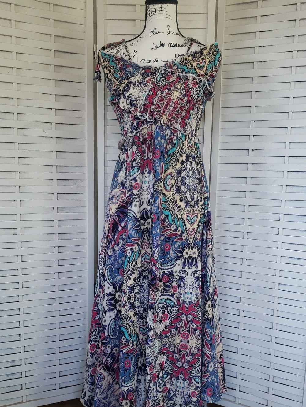Anthropologie Paisley Smocked Gauze Criss Cross Maxi Dress in Blue & Pink M